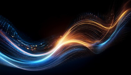 Fototapeta premium A swirling stream of vibrant, glowing particles forms a dynamic, colorful wave against a dark backdrop