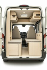Camper van interior with wood paneling.