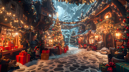 Obraz premium Inside Santa's North Pole workshop, merry elves craft gifts for the grand Christmas night, spreading joy worldwide