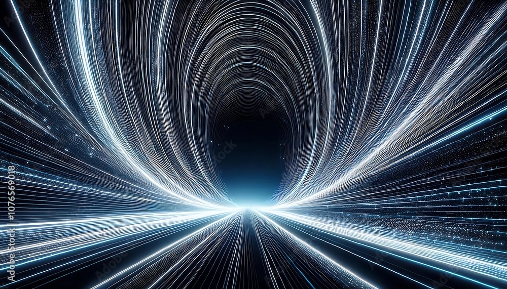 Poster a tunnel of glowing white lines and particles converges into a dark, abstract space, creating a sens