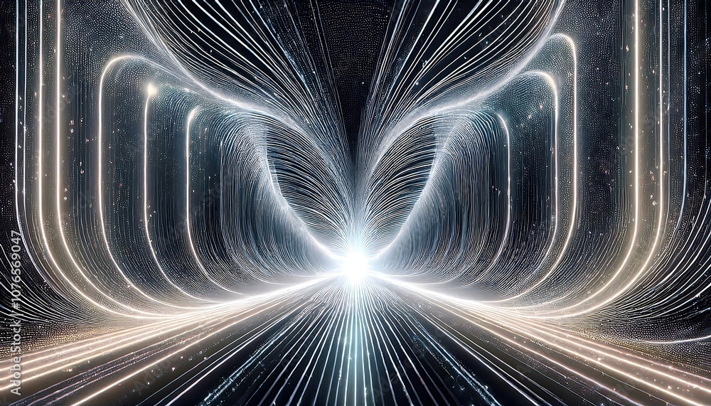 Poster a tunnel of glowing white lines and particles converges into a dark, abstract space, creating a sens