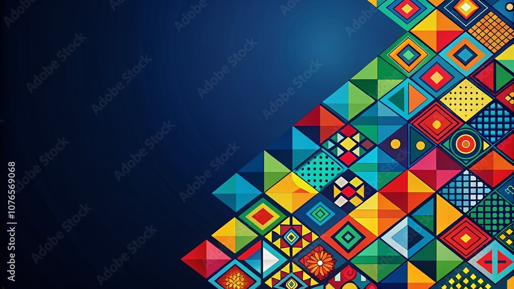 Poster vibrant colorful geometric pattern on dark blue background with ample copy space for creative design