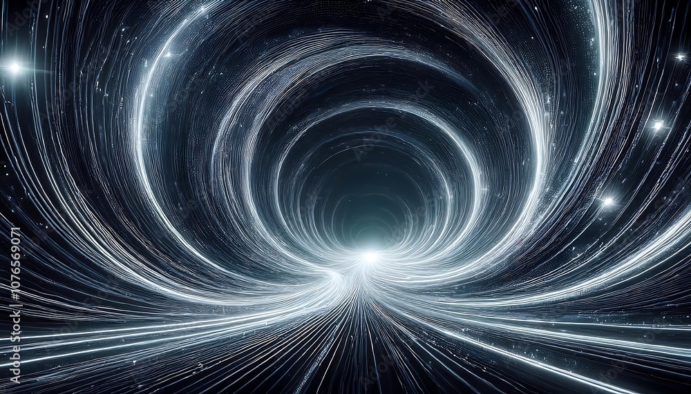 Poster a tunnel of glowing white lines and particles converges into a dark, abstract space, creating a sens