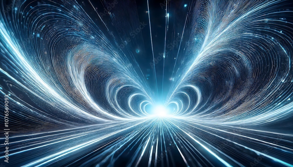 Poster a tunnel of glowing white lines and particles converges into a dark, abstract space, creating a sens