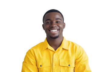 Cheerful young Black man student in a yellow shirt, smiling and looking at the camera