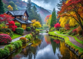 Fototapeta premium Vibrant Colorful Landscape on a Rainy Day with Lush Trees, Charming House by a Stream, Winding Path, and Reflections in Nature's Serenity