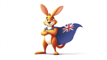 Obraz premium A playful kangaroo proudly wears a cape adorned with the Australian flag, striking a heroic pose as a cheerful symbol of national spirit