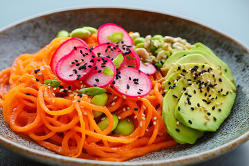 A Colorful Plate of Spiralized Beet and Carrot Noodles with Avocado Slices, Edamame, Sliced Radishes, and a Cashew-Ginger Dressing, Topped with Black Sesame Seeds, Food Photography, Menu Photo Image