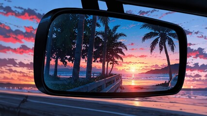 Fototapeta premium Sunset Reflections in Rearview Mirror Illustration