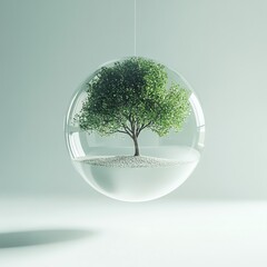 A glowing green tree encased in a pristine glass sphere, floating gently above a bright white surface