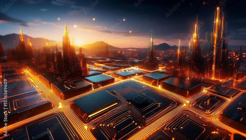 Poster dark blocks interconnected by glowing orange circuitry create a technological, futuristic landscape.