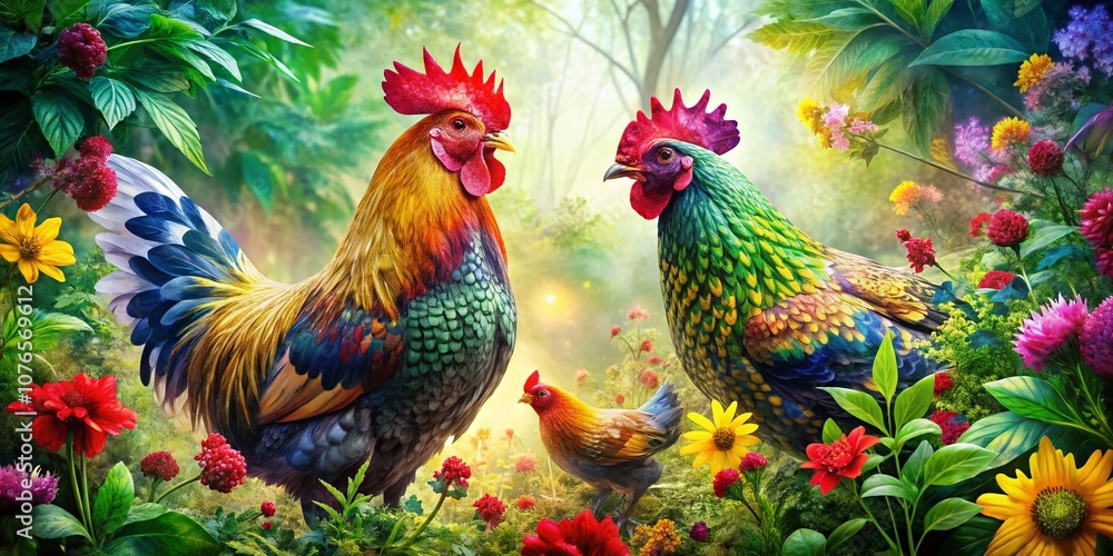 Poster vibrant double exposure composition featuring a whimsical chicken pattern background blended with na