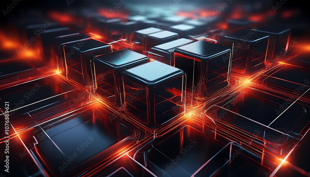 Poster dark metallic cubes are interconnected by glowing red lines, creating a futuristic technological net