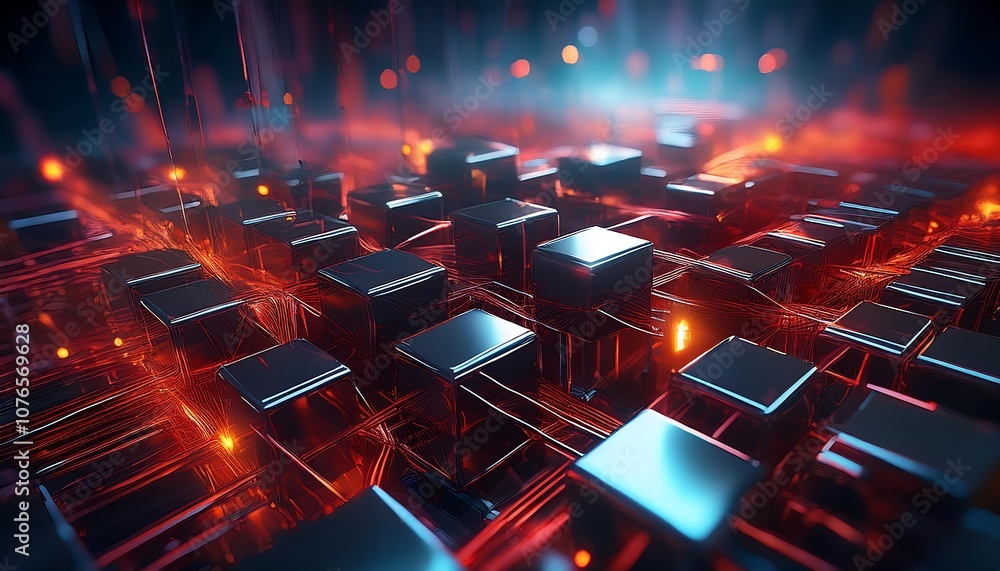 Aufkleber dark metallic cubes are interconnected by glowing red lines, creating a futuristic technological net