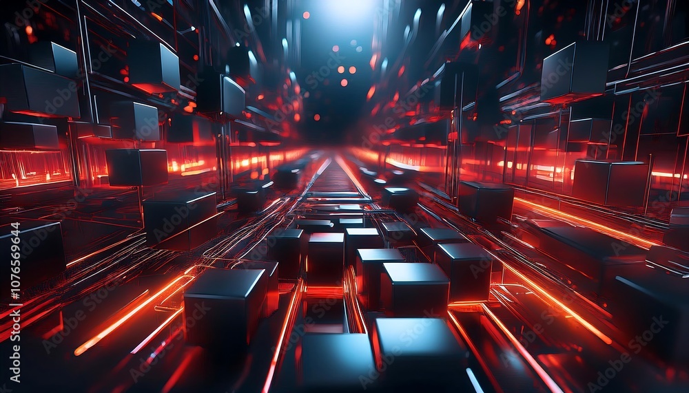 Poster dark metallic cubes are interconnected by glowing red lines, creating a futuristic technological net