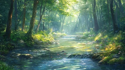 Fototapeta premium A peaceful forest scene with a gentle river flowing through it, small fish swimming in clear water, surrounded by trees and lush greenery. Sunlight filters through dense foliage, casting dappled shado