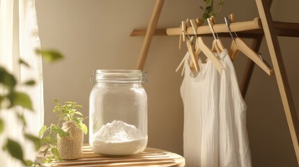 A serene scene featuring a jar of flour, a potted plant, and hanging clothes, creating a cozy, minimalist atmosphere with natural light.