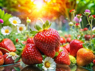 Vibrant Double Exposure of Ripe Juicy Strawberries Merging with a Lush Summer Garden Scene for a Refreshing and Inviting Aesthetic