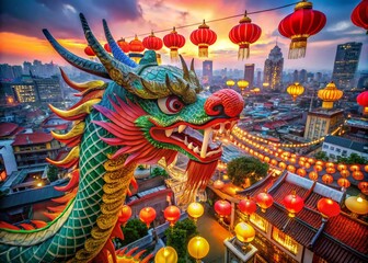 Fototapeta premium Vibrant Dragon Head for Chinese New Year Celebrations in Urban Setting Featuring Colorful Lanterns and Festive Decorations Capturing the Spirit of Tradition and Joy