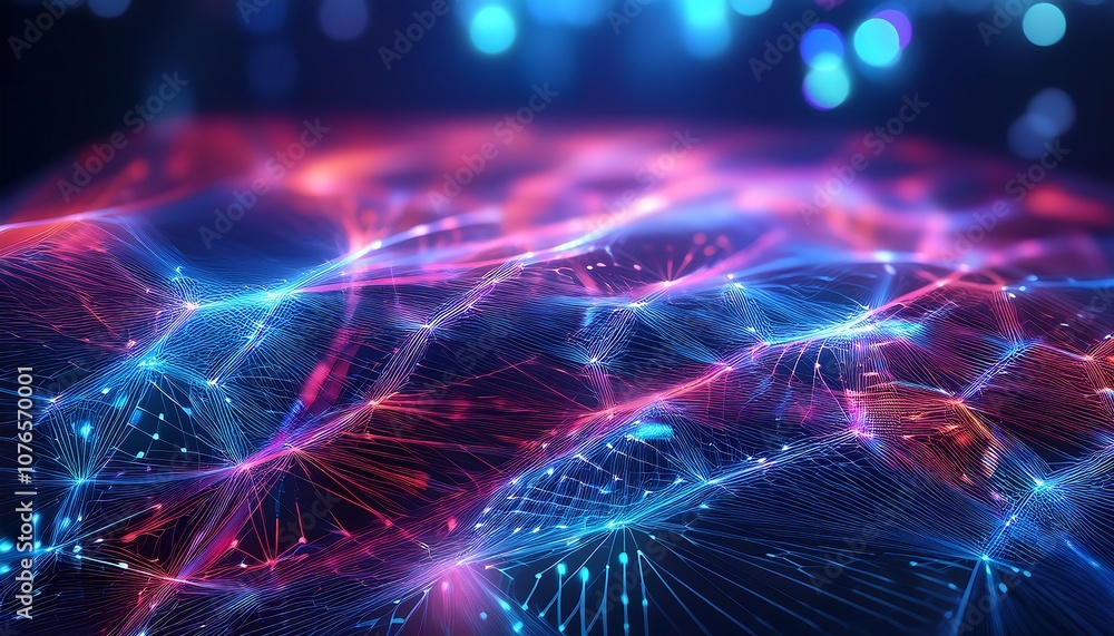 Poster glowing blue and pink lines form a complex, futuristic technological grid, suggesting a network or d