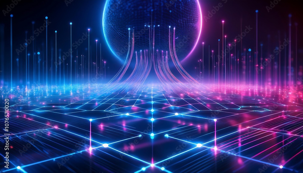 Poster glowing blue and pink lines form a futuristic technology grid of digital data and connectivity.