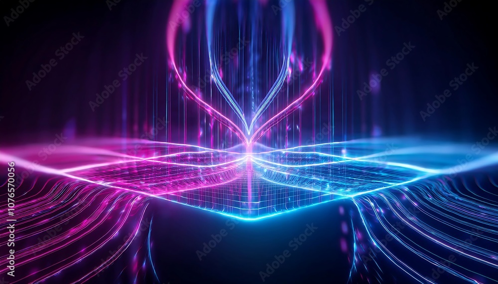 Poster glowing blue and pink lines form a futuristic technology grid of digital data and connectivity.