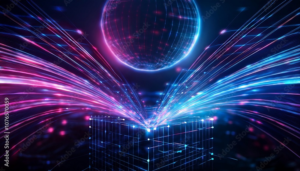 Poster glowing blue and pink lines form a futuristic technology grid of digital data and connectivity.