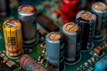 Close up of electrolytic capacitors on a circuit board, highlighting the intricate details of electronic components