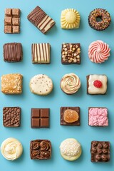 A grid of various types and shapes of sweets, arranged in rows on a blue background. The sweets are presented from above.