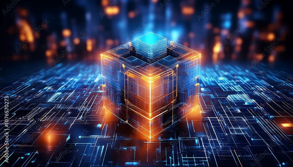Aufkleber interconnected glowing cubes in blue and orange create a digital data display.
