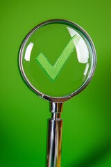 A magnifier focuses on a green checkmark at a clean colored background