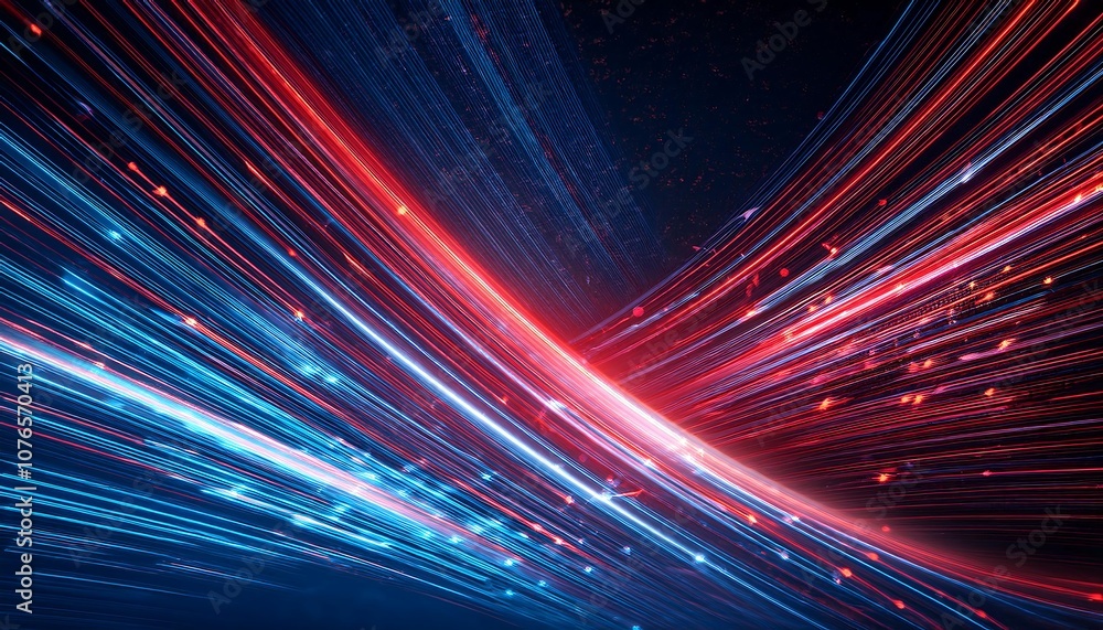 Poster red and blue diagonal streaks of light flow across a dark background, accented by glowing particles,