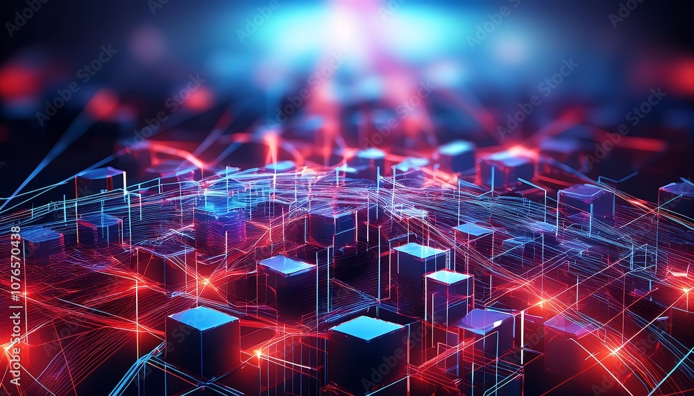 Aufkleber red and blue glowing interconnected lines and cubes form a futuristic technological landscape, repre