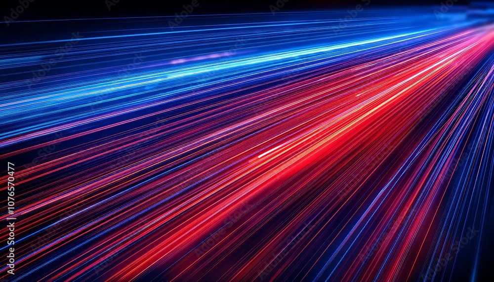 Poster red and blue diagonal streaks of light flow across a dark background, accented by glowing particles,