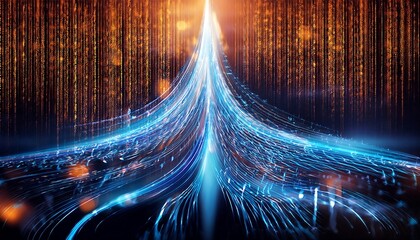 Streams of glowing blue data flow against a backdrop of orange binary code, visualizing digital information and technology.