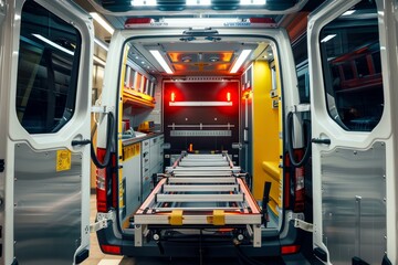 Modern fully equipped ambulance with open doors and empty stretcher, is waiting for emergency call