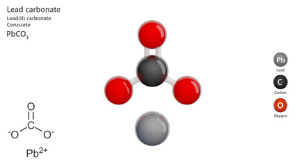 Molecule: Lead Carbonate. Molecular structure. Formula: PbCO3. Chemical model: Ball and stick. White background. 3D illustration.