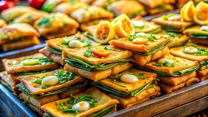 Fototapeta premium Vibrant Martabak Telur: A Delicious Indonesian Street Food Experience with Golden Eggs and Fresh Spring Onions Wrapped in Crispy Thin Batter, Perfectly Served on a Street Stall