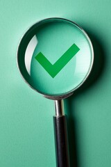 A magnifier focuses on a green checkmark at a clean colored background