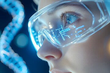 A close-up of an engineer with goggles featuring DNA strand visualizations and data projections. Background blurred to make her face prominent