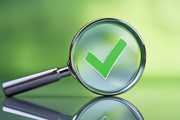 A magnifier focuses on a green checkmark at a clean colored background