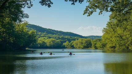 Obraz premium State park lake with kayakers and paddleboarders enjoying the water, surrounded by lush greenery and distant hills