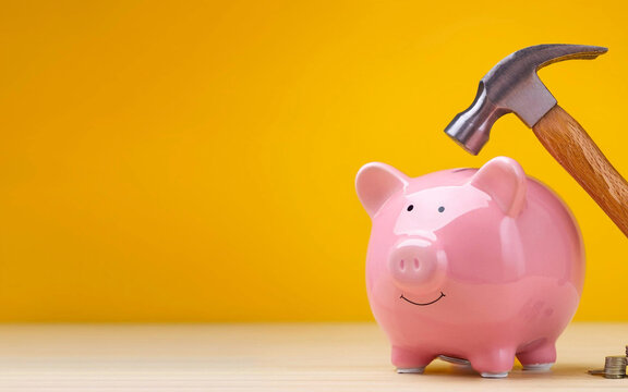 martillo rompe alcancia de ahorro dinero para invertir en vacaciones o comprar, ahorros personales, copy space