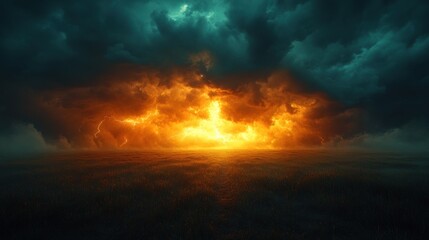 Naklejka premium Dramatic sunset with fiery clouds over a serene landscape.