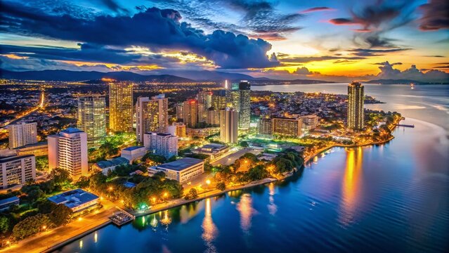 Vibrant Night Skyline of Cebu with Illuminated Skyscrapers and City Lights Reflecting on Water, Showcasing the Modern Urban Landscape of the Philippines
