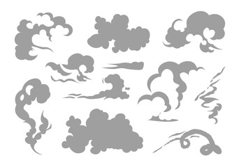 A collection of various cloud illustrations in grey shades. Vector illustration