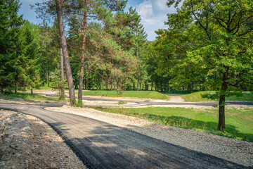 Freshly Laid Asphalt Path on Scenic Golf Course in Beautiful Nature