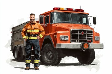 Fireman standing beside a fire truck.