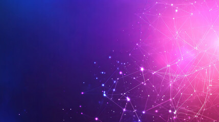 Background with neon glowing lines and dots depicting a network of connections on a pink-purple gradient. Emphasizes the topic of high technology