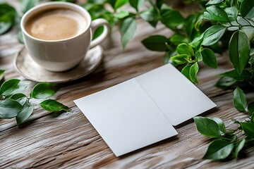 Blank card with cup of coffee, cotton flowers and tray on white background